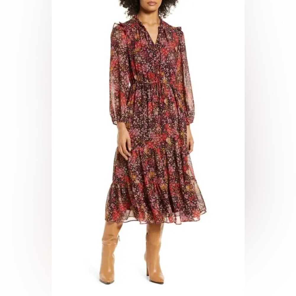 julia jordan Floral Midi Dress in Burgundy and Rust